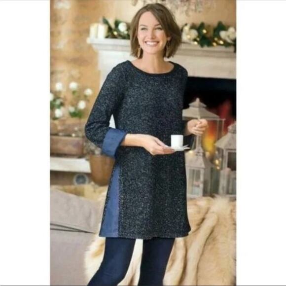 Soft Surroundings Bexley Marled Knit Sweater with Contrast Denim, Small Petite - Picture 1 of 12